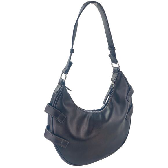 Rita Ora Women's Black Leather Buckle Half Moon Hobo Shoulder Handbag Size OS - Picture 2 of 6